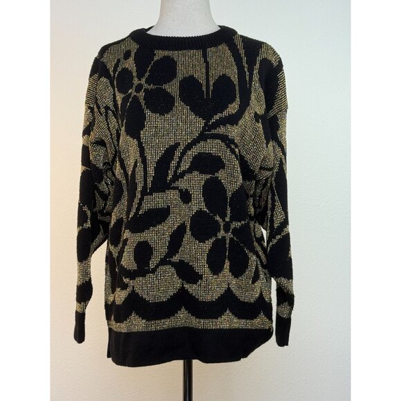 Vintage A. Jane Adams 80's Black & Gold Floral Knit Sweater Made In USA - Picture 1 of 8